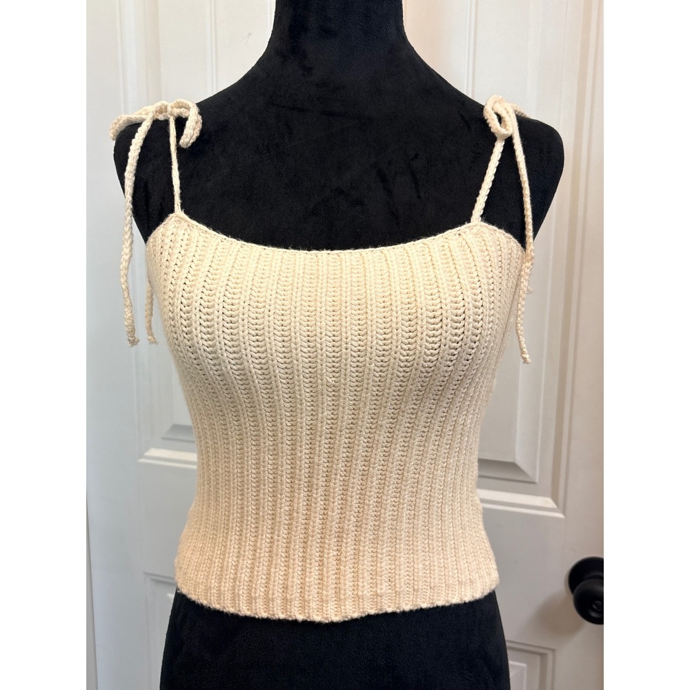 Sadie & Sage Fairy Sweater Tank Top Small Cream Knit Ribbed Tie Shoulder Cami